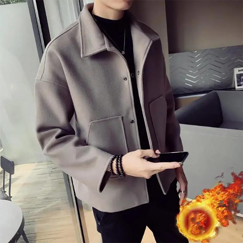 Woolen Jacket Men's Trendy Handsome Jacket Men's Jacket Autumn and Winter Plus Size Plus Cotton Windbreaker Men