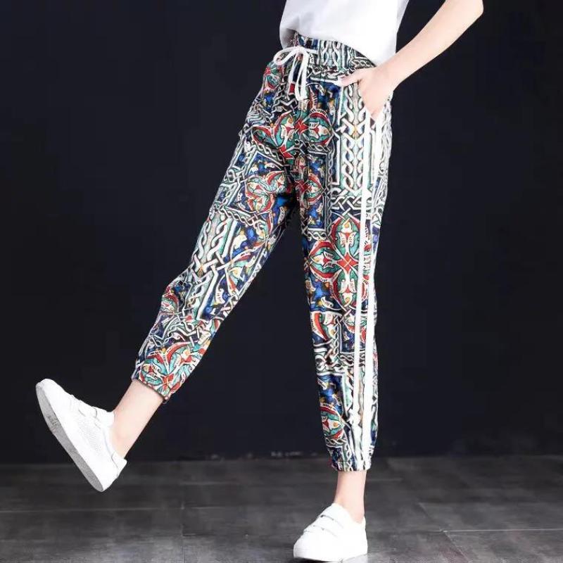 Casual Pants Loose Flower Pants Beach Pants Summer Thin Eight-point Casual Women's Pants Nine-point Plus Size Harem Pants