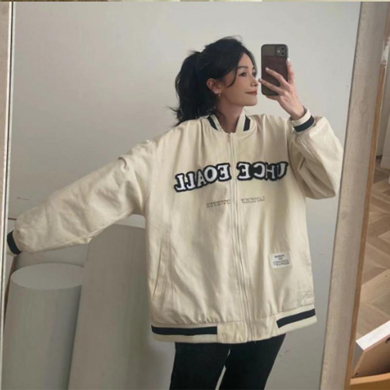 Baseball Uniform Jacket Women's Spring and Autumn Solid Color Outer Wear Casual Sports Loose Salt Fried Street Jacket Tide