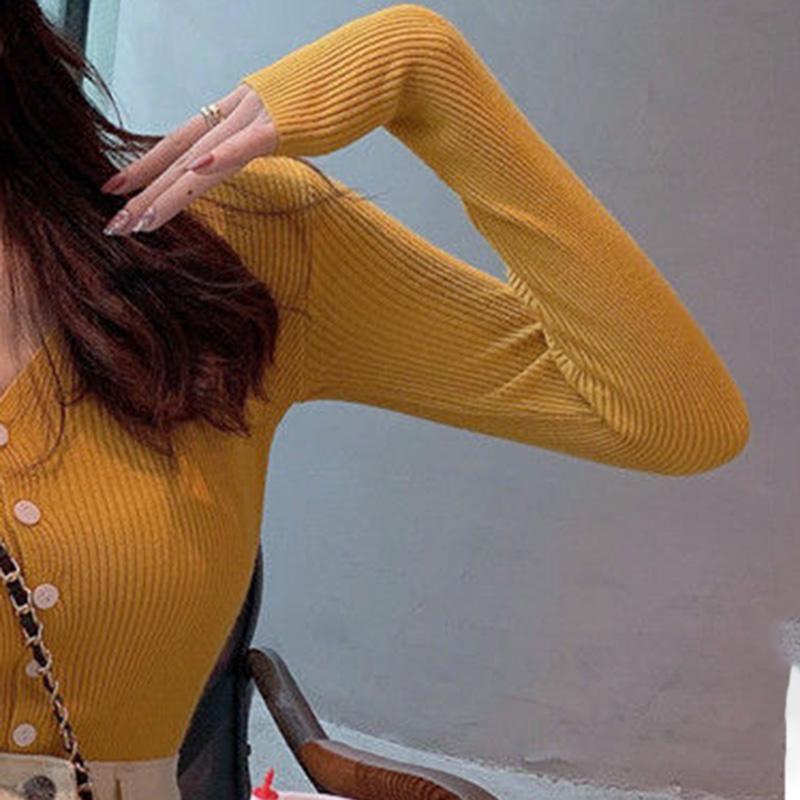 V-neck Solid Color Button Long-sleeved Knitted Bottoming Shirt Tops Women Spring and Autumn New Slim All-match Cardigan Casual Jacket