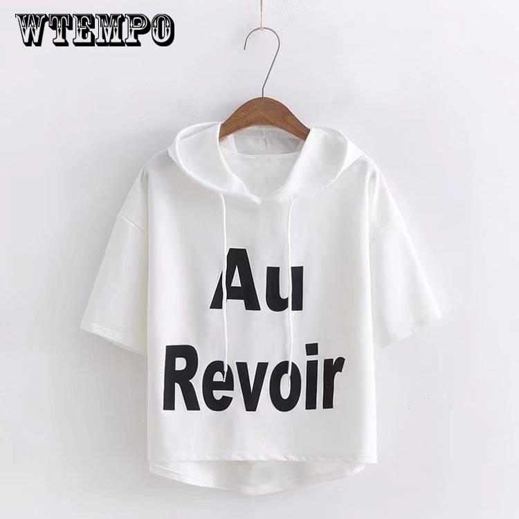 Hooded letter print t-shirt Women tshirt Casual  t shirt For Lady Top Tee Hipster