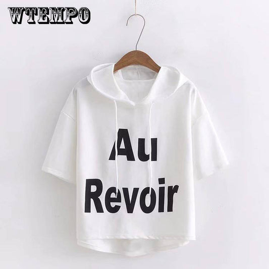 Hooded letter print t-shirt Women tshirt Casual  t shirt For Lady Top Tee Hipster
