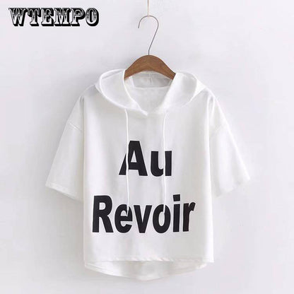 Hooded Letter Print T-shirt  Casual Harajuku T Shirt Women Pron Print Short-sleeve Tshirt