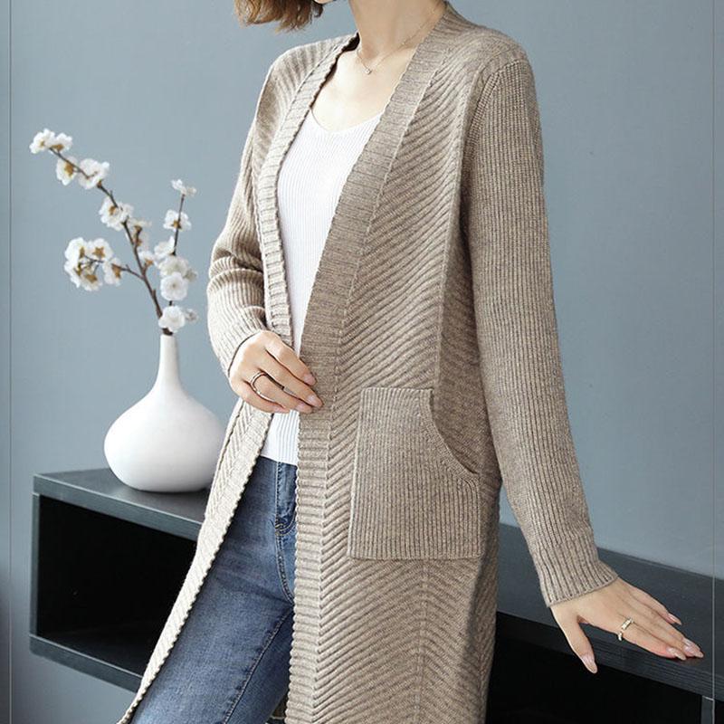 Autumn and Winter Wool Cardigan Sweater Large Size Medium and Long Loose Jacket Pure Color Simple Middle-aged Ladies Jacket