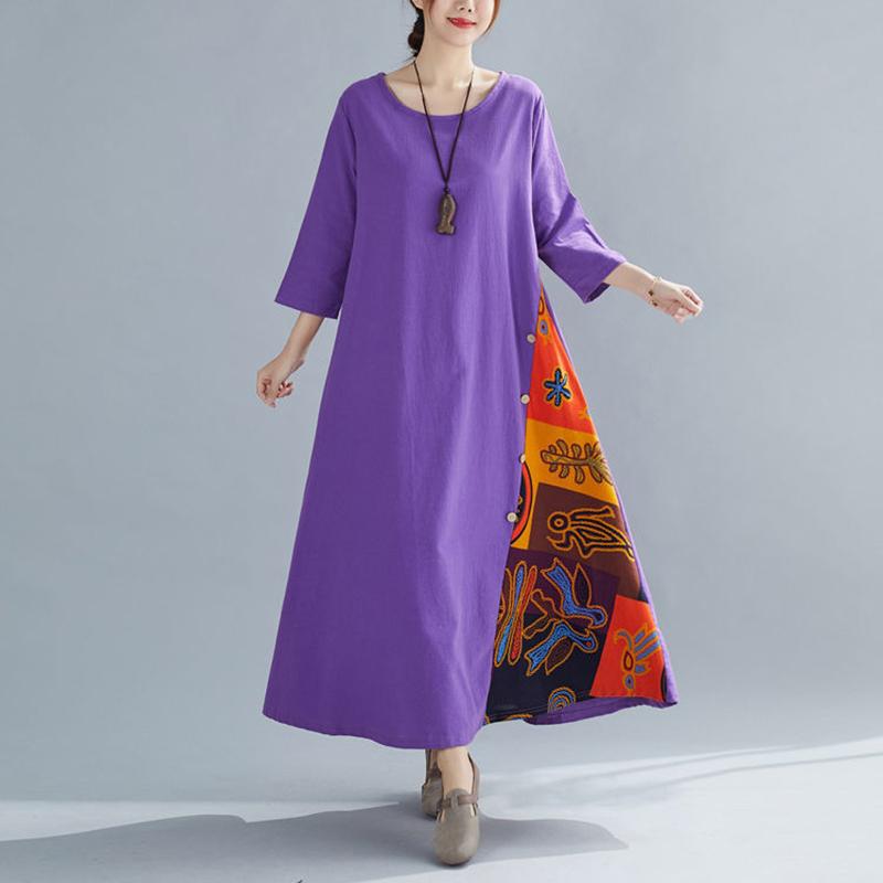 Retro Women 3/4 Sleeve Long Solid Dress Vintage Casual O Neck Swing Dresses Robes Maxi Dress Plus Size