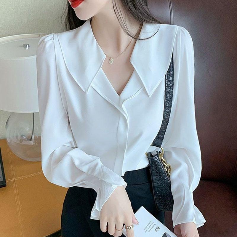 Women's Spring and Autumn Long Sleeve Shirt Chiffon Solid Color Top