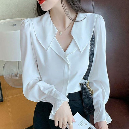 Women's Spring and Autumn Long Sleeve Shirt Chiffon Solid Color Top