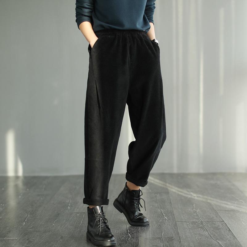 Casual Corduroy Harem Pants, Women's Tapered Pants, Elastic Waist Corduroy Pants, Womens Oversized Trousers, Women's Baggy Pants