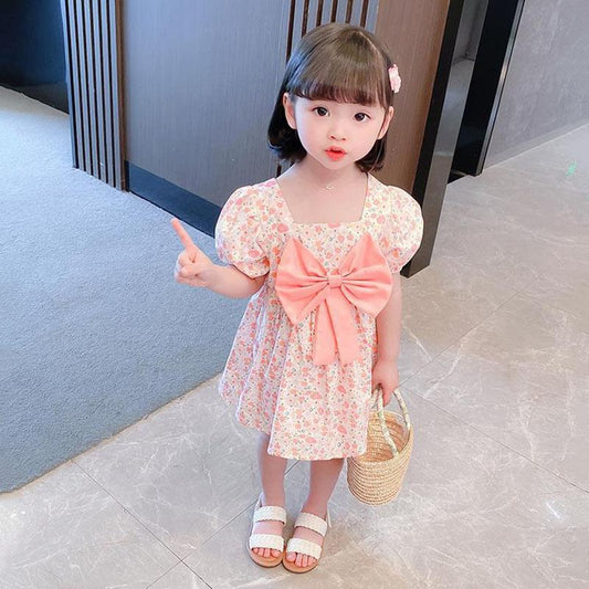 Girls Summer Dress Children's Skirt Sweet Princess Dress Bow A-line Short Sleeve Dress Fabric Lightweight Breathable