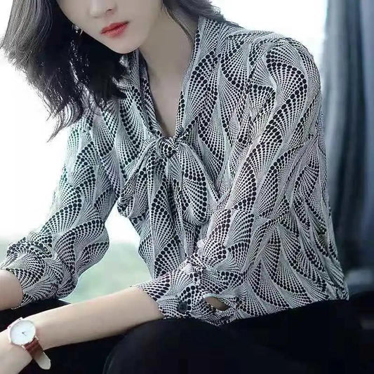 Long Sleeve Chiffon Shirt Women's Spring and Autumn Loose Printed Bottoming Shirt Top