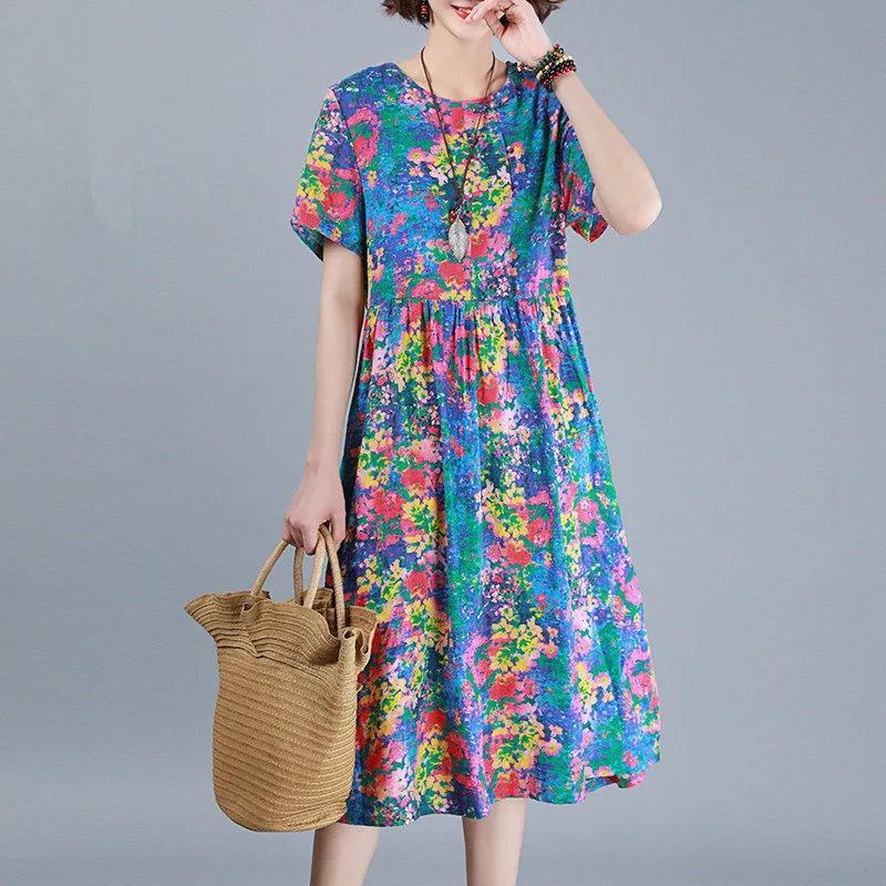 Women's Summer Short Sleeve Mid-Length Dress Floral Round Neck Large Size Loose A-Line Dress