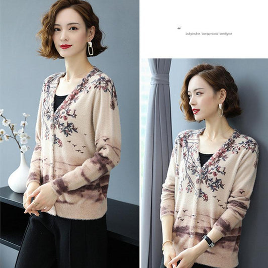 Floral Print Cardigan Women Autumn Winter Female Artificial Mink Wool Cardigan Loose Sweater Coat Fashion Knit Jacket Outwear