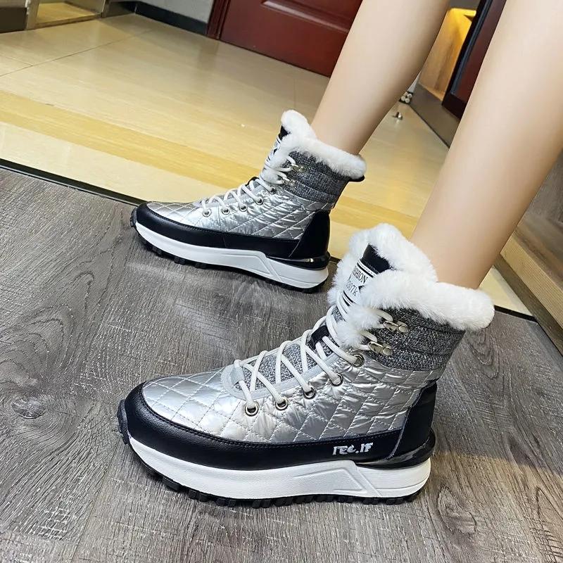 Leather Snow Boots Woman Autumn and Winter Plus Velvet Thick Cotton Casual High-top Shoes Non-slip Martin Boots