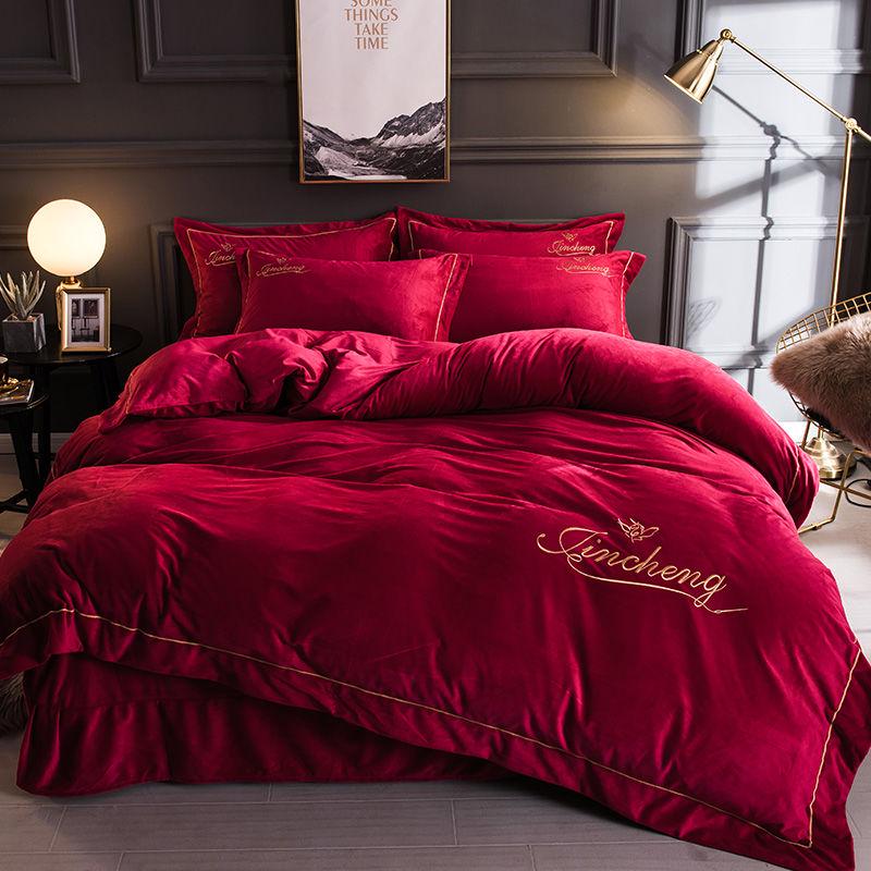 4pcs  Fleece Bedding Set Pure Color  Bed Sheet Quilt Cover Pillowcase Winter Warm Bedding
