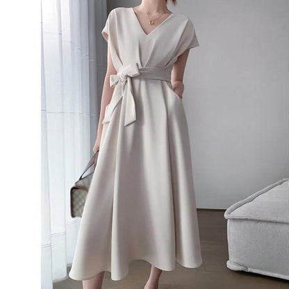 Super Fairy Sweet V-neck Dress White Waist Was Thin and Gentle Style Ladies Temperament Long Dress Female Summer