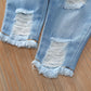 Toddler Baby Girl Clothes Off Shoulder Sunflower Print Tops Ripped Denim Pants Headband 3Pcs Outfits
