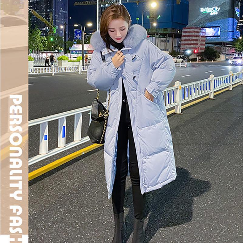 Hooded Down Jacket Women Long Thick White Duck Down Jacket with Real Fox Fur Collar Warm Winter Coat