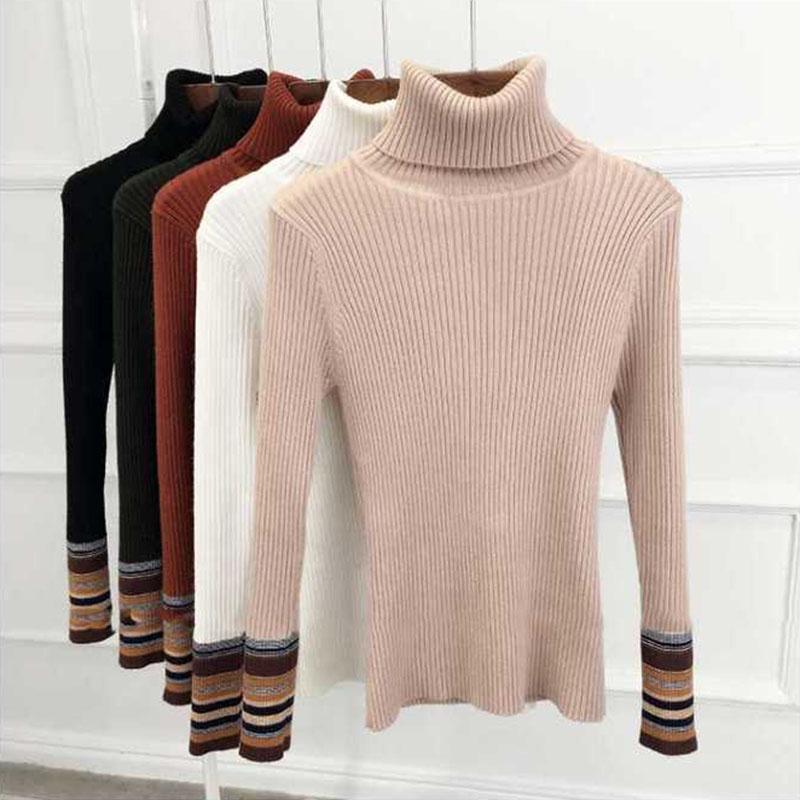 Pofulove Women Striped Turtleneck Sweater Winter Long Sleeve Slim Knitted Pullover Bottoming Shirt