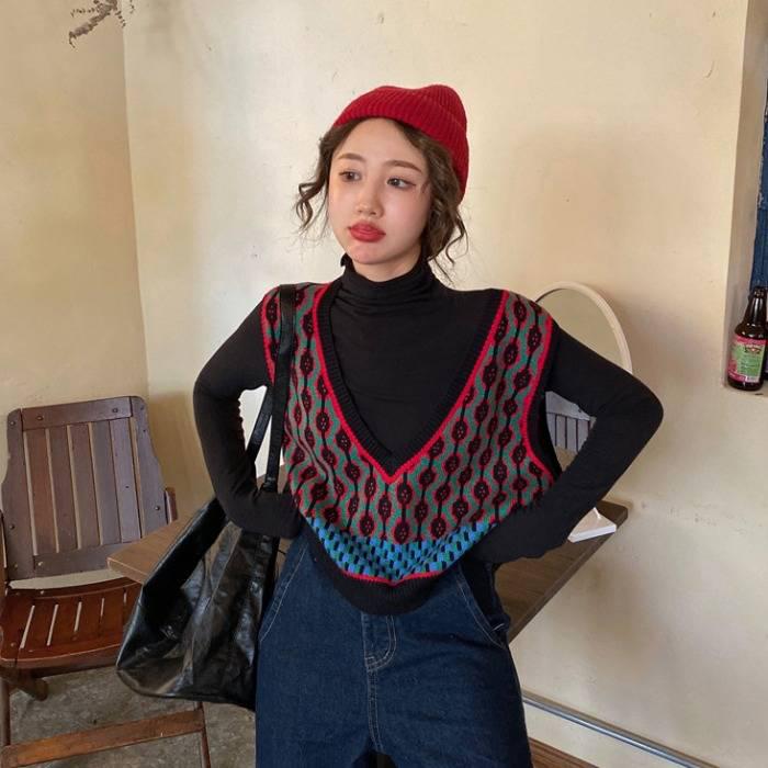 Vintage Casual Sleeveless V-Neck Knitted Sweaters Vest Female Loose Sweater Pullover Japanese Style