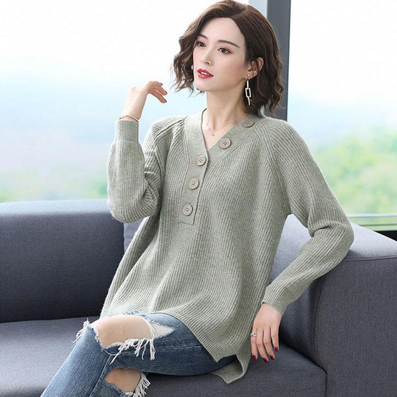 Spring and Autumn V-neck Loose Top Solid Color Plus Size Sweater Simple Casual Women Bottoming Shirt