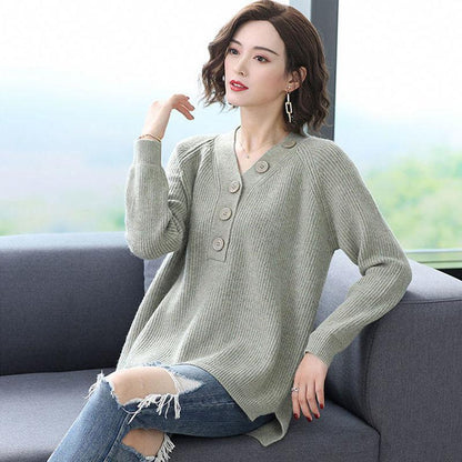 Spring and Autumn V-neck Loose Top Solid Color Plus Size Sweater Simple Casual Women Bottoming Shirt