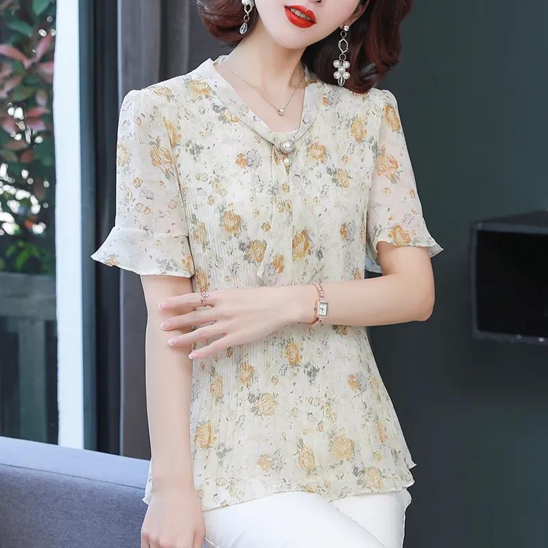 Women's Summer Chiffon Short Sleeve Top V-Neck Large Floral Loose T-Shirt