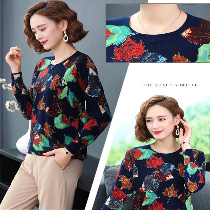Autumn and winter ladies  round neck suit maple leaf theme bottoming shirt fashion printing shirt sweater
