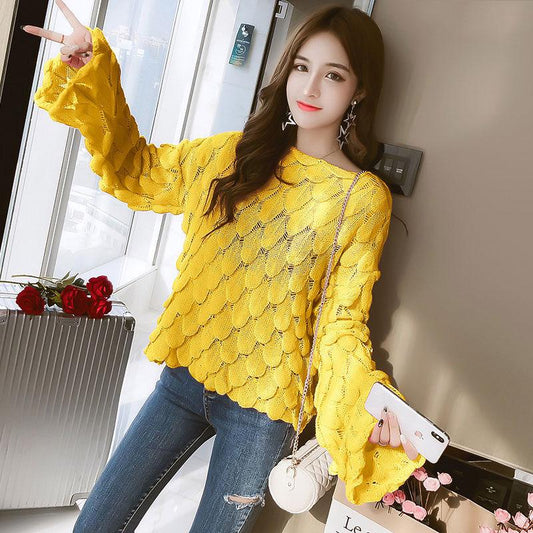 Loose bat sleeves large size sweater hollow sweater women's thin sweater spring and autumn