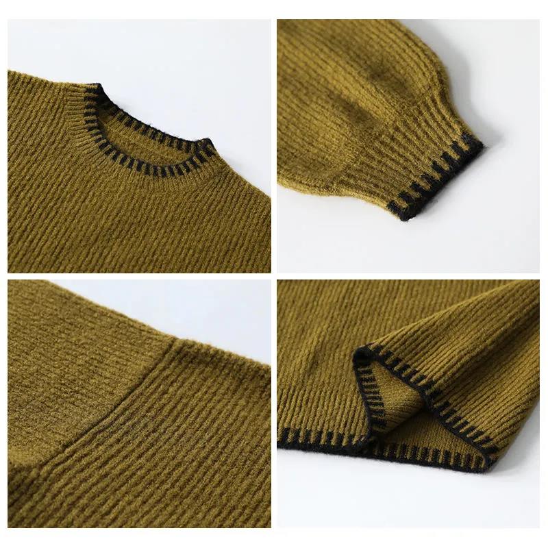 Large Size Knitted Sweater Women's Autumn and Winter Loose and Lazy Wind Retro Contrast Color Pullover Sweater Round Neck Sweater Trendy