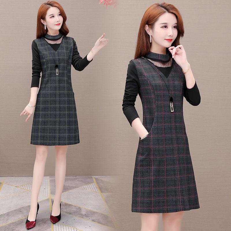 Plus size dress waist was thin skirt fashion plaid long-sleeved dress women spring and autumn