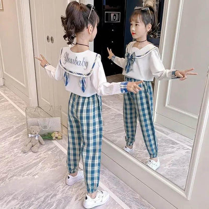 College Style Long-sleeved Plaid Pants Girls Spring and Autumn Two-piece Loose Breathable Bow Cute Casual Children's Suit