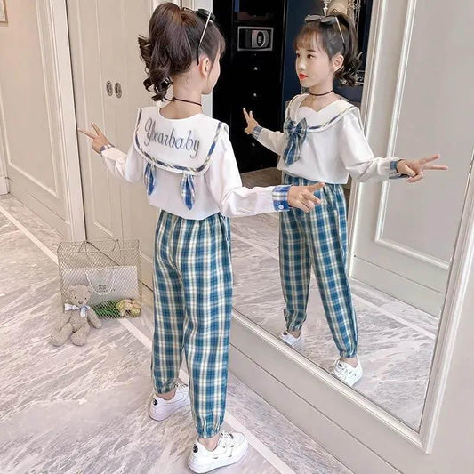 College Style Long-sleeved Plaid Pants Girls Spring and Autumn Two-piece Loose Breathable Bow Cute Casual Children's Suit