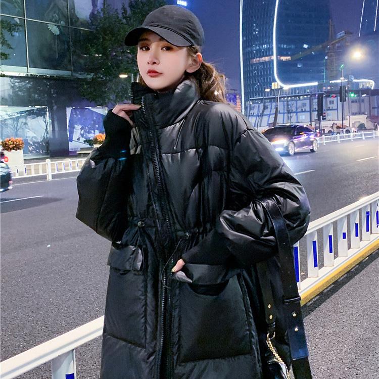 Winter Stand-collar Down Jacket Women's Mid-length White Duck Down Winter New Waist Shiny Thick Coat Winter Warmth Thick Cotton Jacket