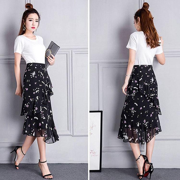 Chiffon Skirt Women's Spring and Summer Mid-length Floral Skirt High Waist Ruffled Skirt