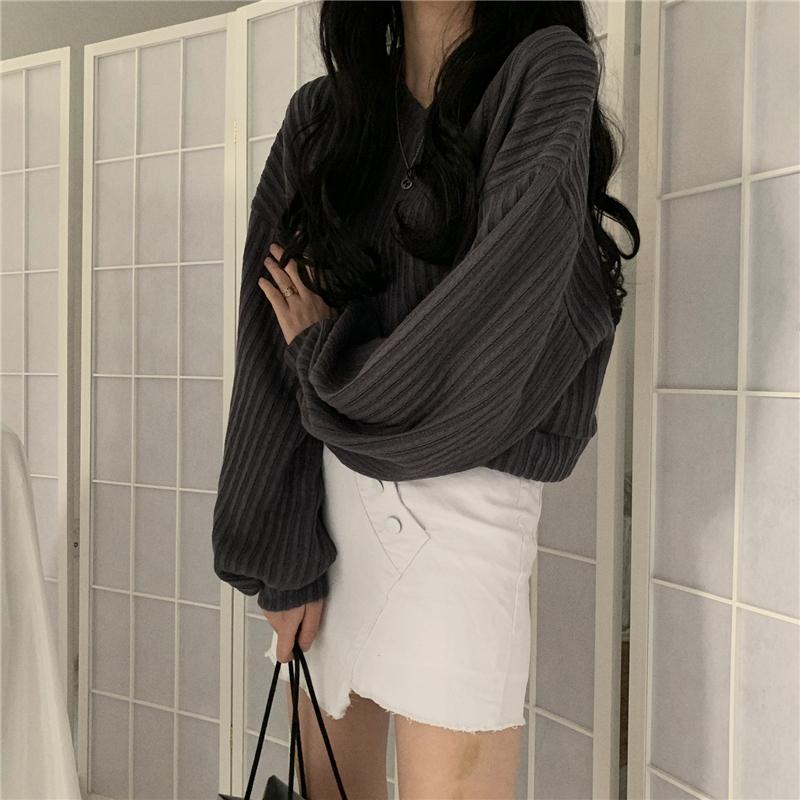 Winter Sweaters Women Lantern Sleeve Plus Size Loose V Neck Pullovers Knitted Jumper 2021 Fall New Fashion Black Oversized Harajuku Sweaters