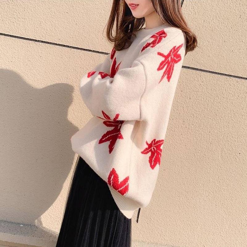 Autumn and Winter Knitted Maple Leaves Pattern Sweater Thickened Round Neck Loose Sweater
