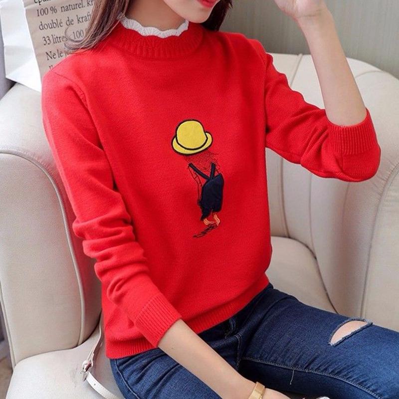 Women's Round Neck Short Sweater Solid Color High Collar Print Sweater Spring and Autumn Sweater