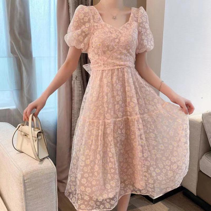 Summer Temperament Bow-knot Big Skirt Short Dress with Daisy Flowers