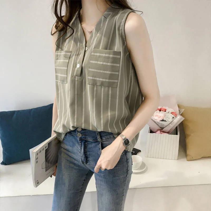 Summer V-Neck Sleeveless Stripe Casual Shirt Vest Large Size Women's Shirt