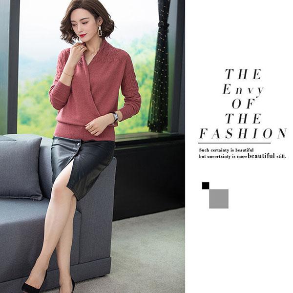 Women's Solid Color Woollen Sweater Loose Plus Size Cross V-neck Sweater Pullover Wool Knit Jumper