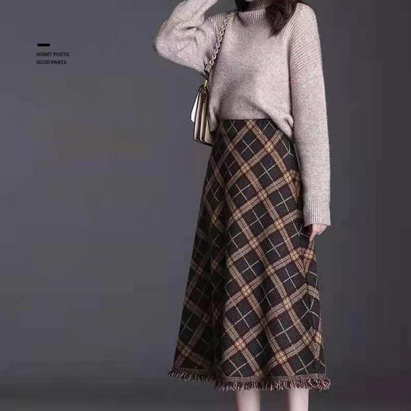 Ladies Long Knitted Skirt Autumn Winter Women's Fringed Plaid Umbrella Skirt High Waist A-line Big Swing Skirt