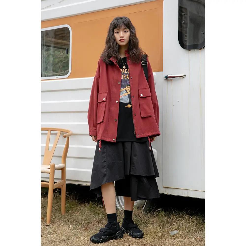 Spring and Autumn New Tooling Jacket Female Student Korean Version Loose Hong Kong Style Retro Solid Color Long-sleeved All-match Jacket Top