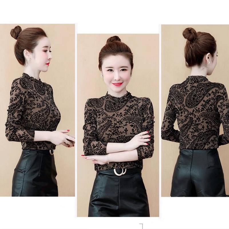 Pofulove Plus Women's Long Sleeve Mesh In Winter Fashion Velvet Half Turtleneck Bottoming Shirt