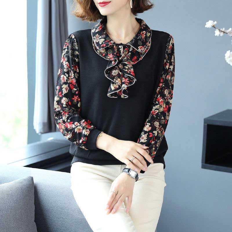 Shirt Women's Plus Size Spring and Autumn Lapel Loose Small Shirt Casual Fashion Mother Long-sleeved Slimming Top