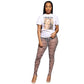 Women t-shirt Two-piece set  Short Sleeve Printed T-Shirt And Tight Mesh Perspective Trousers 2 Piece Set  Outfits