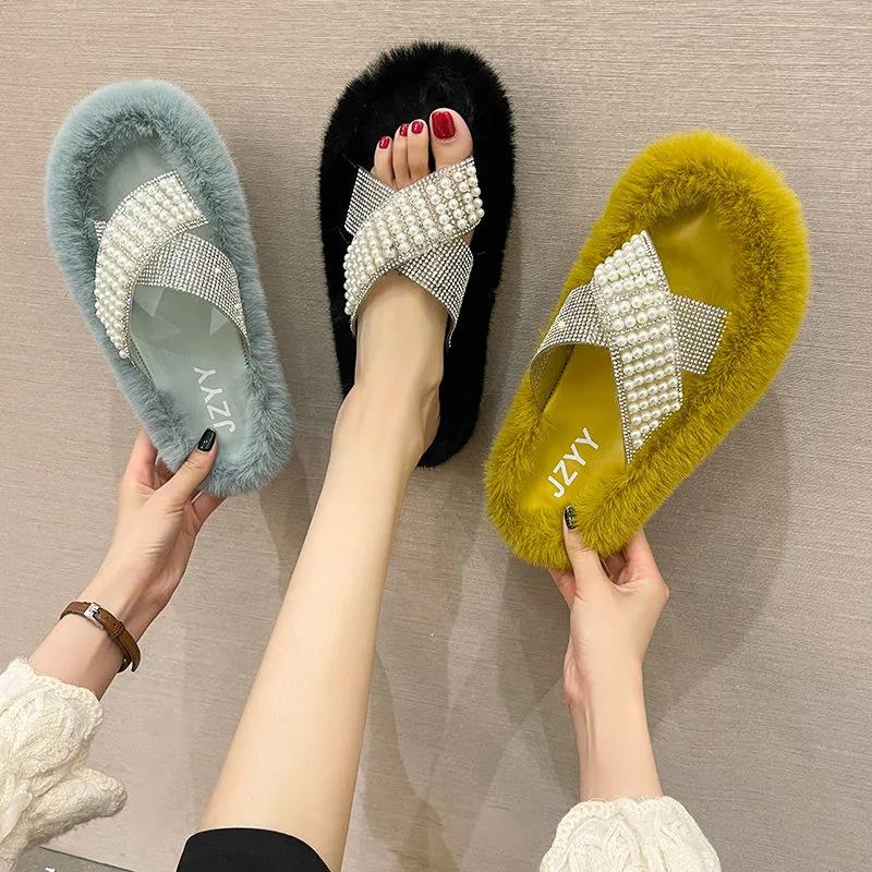 Pearl Plush Slippers Women Wear Thick-soled Non-slip One-word Cotton Mop Home Interior Floor Mop Women's Cute Cotton Slippers