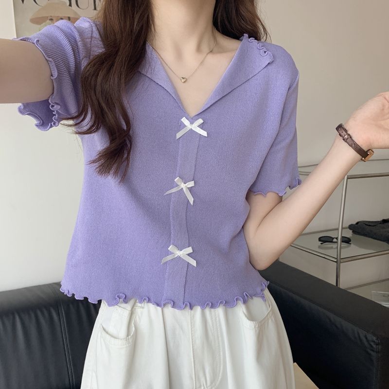 V-neck Short-sleeved T-shirt Women's Summer Slim Short Fungus Edge Knitted Sweater Ice Silk Thin Top
