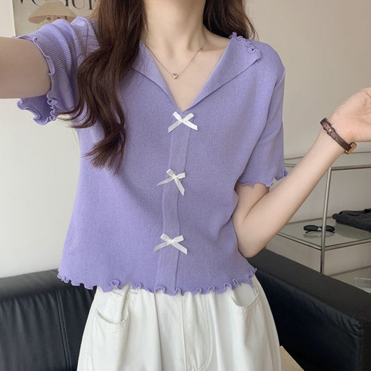 V-neck Short-sleeved T-shirt Women's Summer Slim Short Fungus Edge Knitted Sweater Ice Silk Thin Top