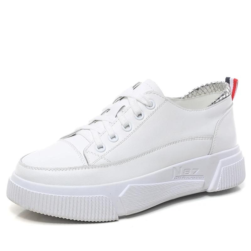 Female Leather White Shoes Spring and Summer Female Students Flat Bottom Shoes Casual Shoes White Shoes Walking Tall Shoes