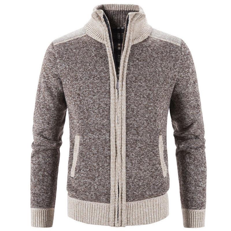 Men's Sweater Stitching Plus Fleece Warm Zipper Sweater Autumn and Winter Coat Loose Cardigan Sweater